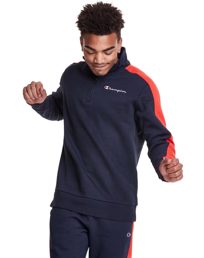 Champion Colorblock Stripe Fleece 1/4 Zip Sweatshirt Heren - Donkerblauw/Oranje - Belgie 4731NFMDZ